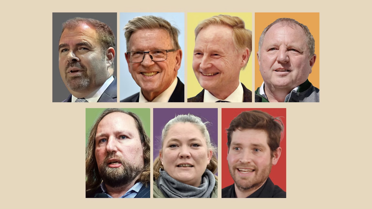 Die Direktkandidaten Florian Hahn (CSU), Gerold Otten (AfD), Thomas Klaue (FDP), Otto Bußjäger (FW), Korbinian Rüger (SPD), Katinka Burz (Linke) und Anton Hofreiter (Grüne) skizzieren ihre Agenda zu wichtigen Themenfeldern. Die Bilder zeigen sie von links oben im Uhrzeigersinn. (Foto: (Foto: Claus Schunk, Sebastian Gabriel, Johannes Simon))
