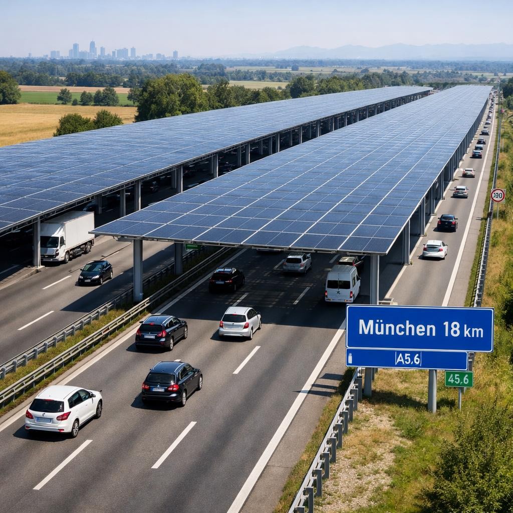 Autobahn mit Solardach Autos fahren unten durch 
