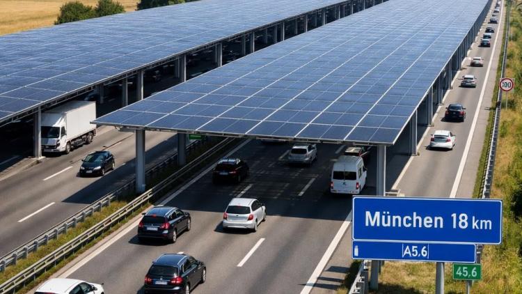 Autobahn mit Solardach Autos fahren unten durch 