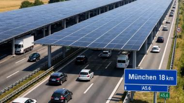 Autobahn mit Solardach Autos fahren unten durch